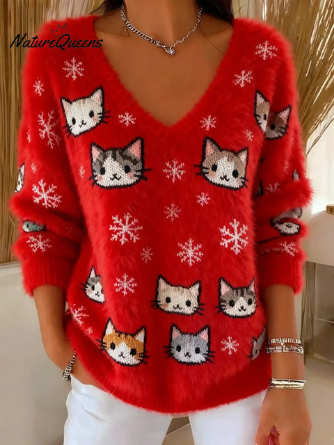 Women's Christmas Cute Cat  Art Print Casual Pullover Sweater