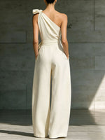 Women's One-shoulder Tie-detail Ruched Loose-fit Sleeveless Jumpsuit