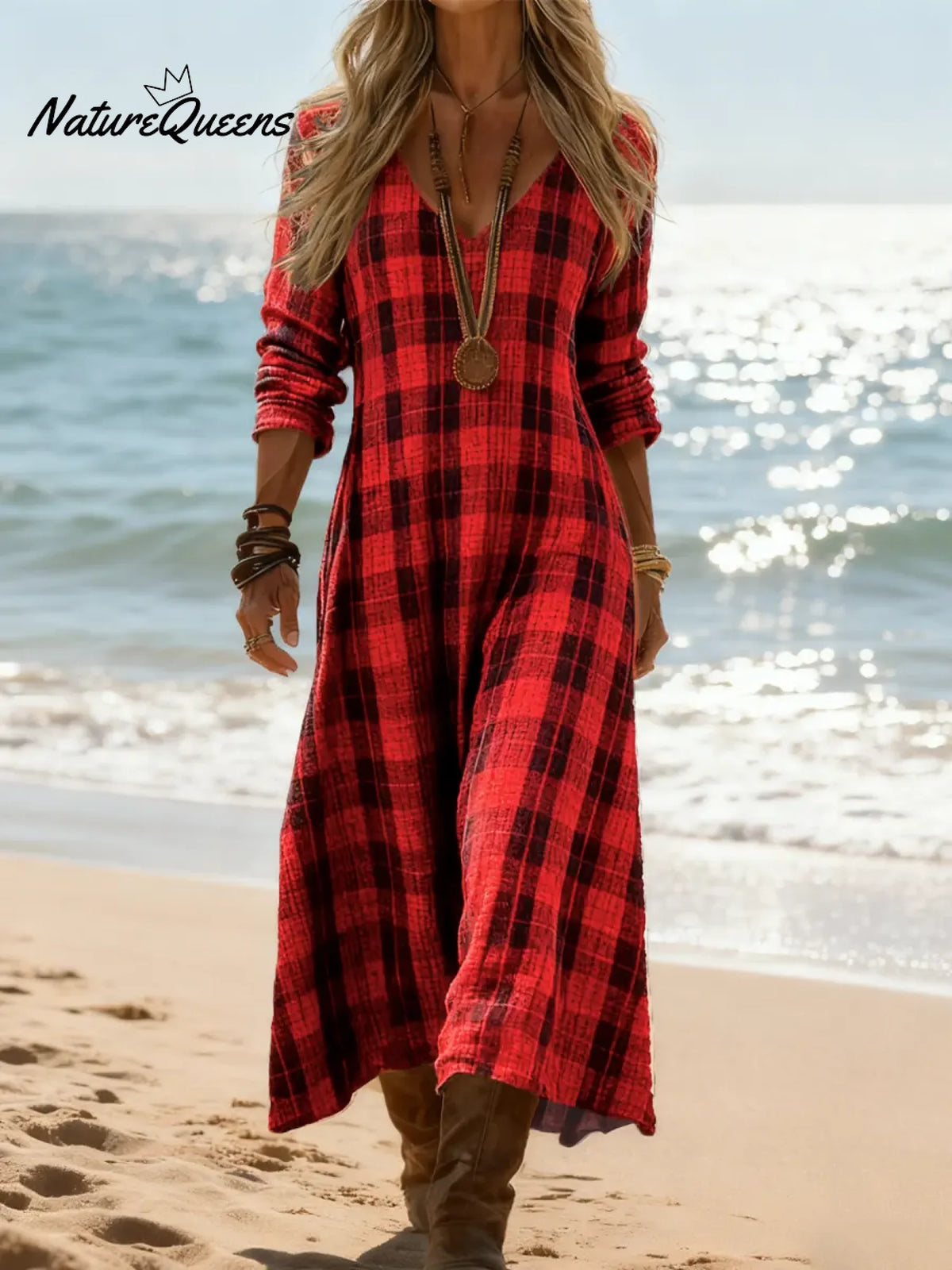 Women's Vintage Plaid Pattern Art Print Casual Cotton Dress