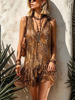 Women's Abstract Print V-neck Sleeveless Casual Loose Chiffon Dress