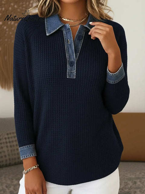 Casual Denim Paneled Polo Collar Button-down Waffle Top