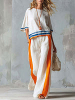 Women's Striped Color-block Loose Vacation Round Neck Short-sleeve Top And Wide-leg Pants Two-piece Set