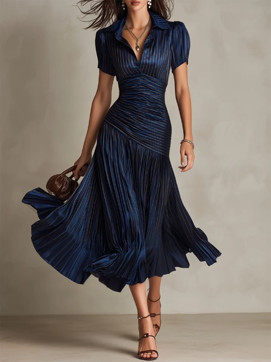 Elegant Draped & Pleated Striped Midi Dress