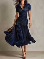 Elegant Draped & Pleated Striped Midi Dress