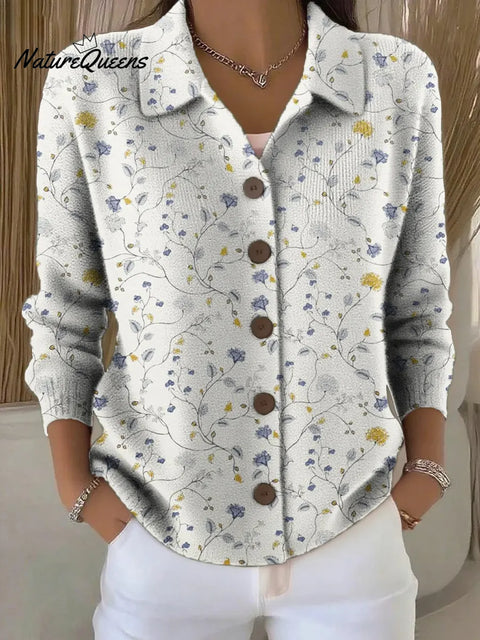 Women's Blue Small Floral Pattern Print Printed Collared Sweater