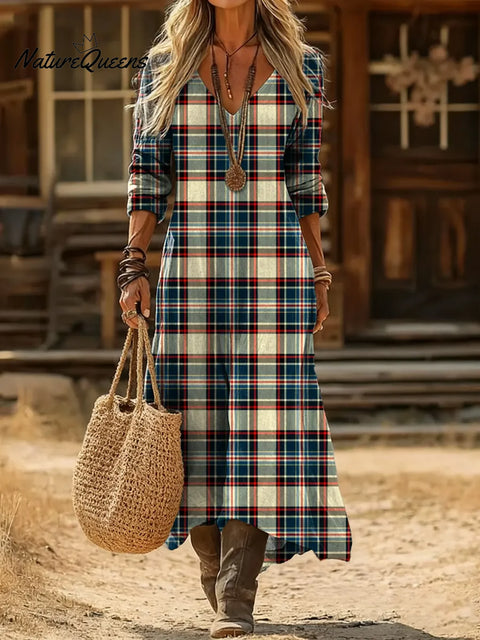 Women's Plaid Pattern Art Print Casual Cotton Dress