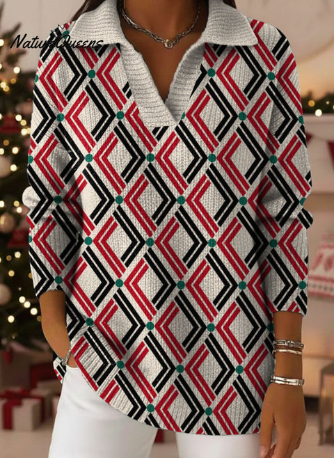 Linear Geometric Decorative Patterns Women's Casual Shirt Collar Long Sleeve Sweater