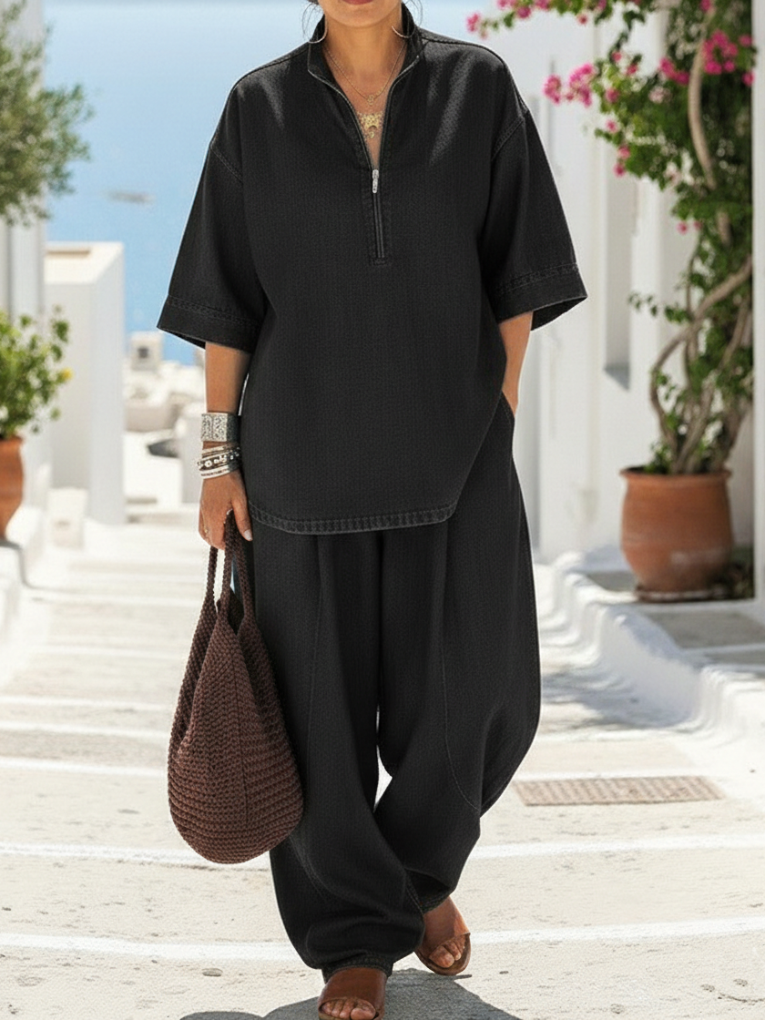 Casual Denim Zip-up Stand-collar Shirt And Wide-leg Pants Two-piece Set