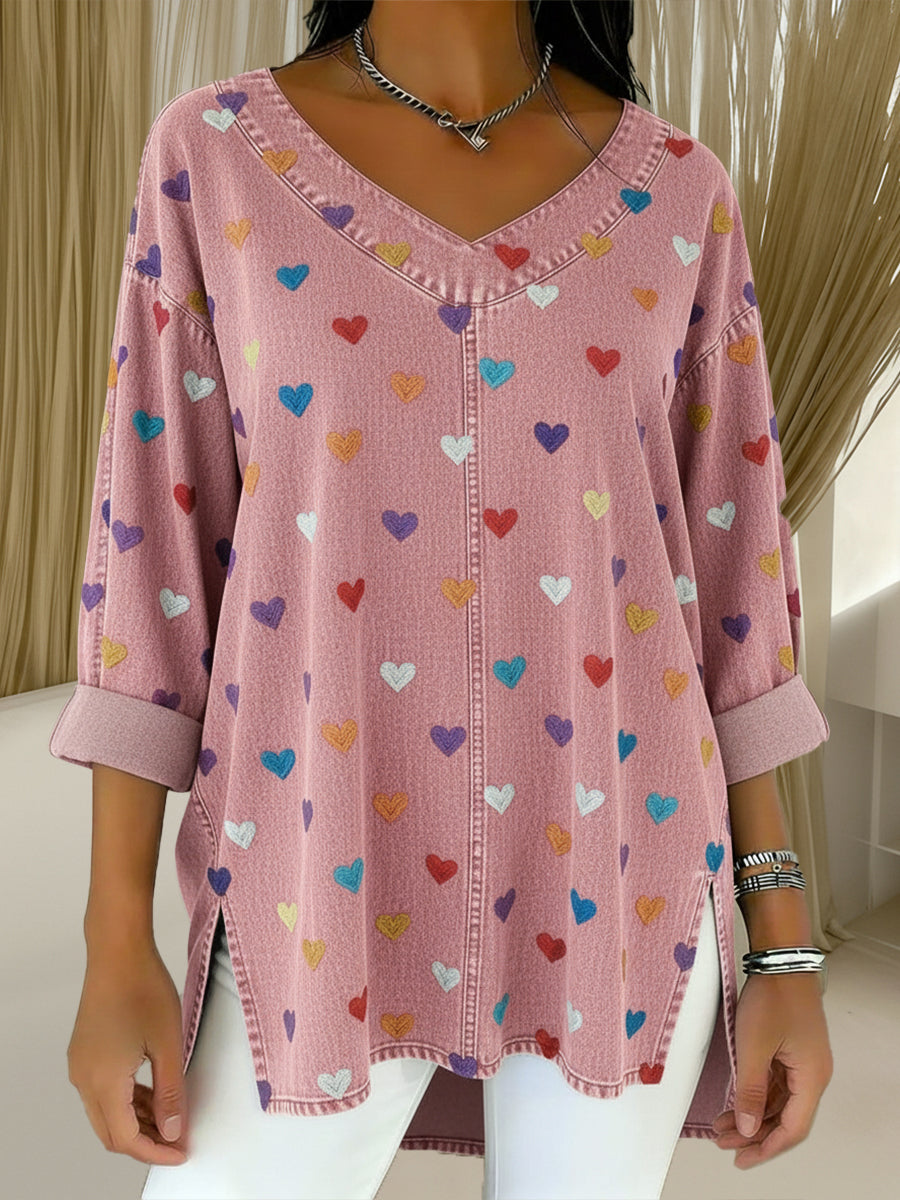 Women's Heart Casual Washed Denim Cotton Top