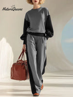 Women's Color Block Crew Neck Long Sleeve Casual Loose Sweatshirt High Waist Casual Wide Leg Pants Set