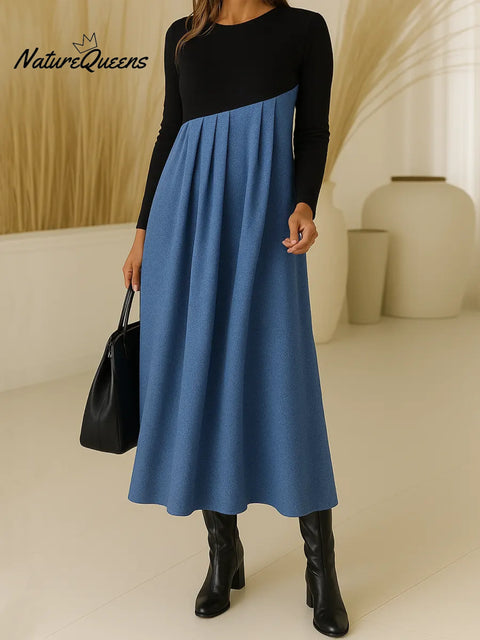 Women's Color-blocked Round Neck Long-sleeved Casual Loose A-line Dress