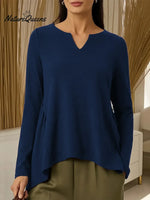 Women's Solid Color V-neck Long-sleeved Casual Loose-fitting Top With Irregular Hem.