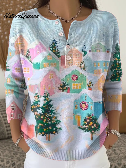 Women's Christmas Pattern Art Print Buttoned Cardigan Sweater