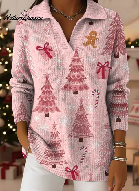 Women's Christmas Tree Pattern Art Print Casual Cotton Sweater