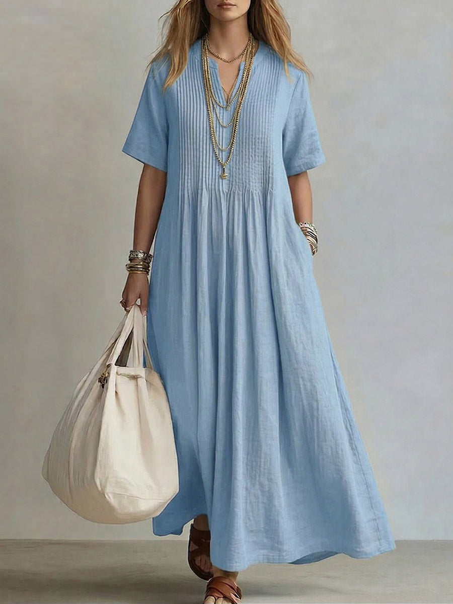 Women's V-neck Short-sleeve Casual Loose Pleated Cotton-linen Dress