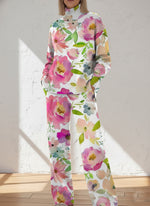 Women's Flower Pattern Art Print Casual Knitted Cotton Top Pants Suit