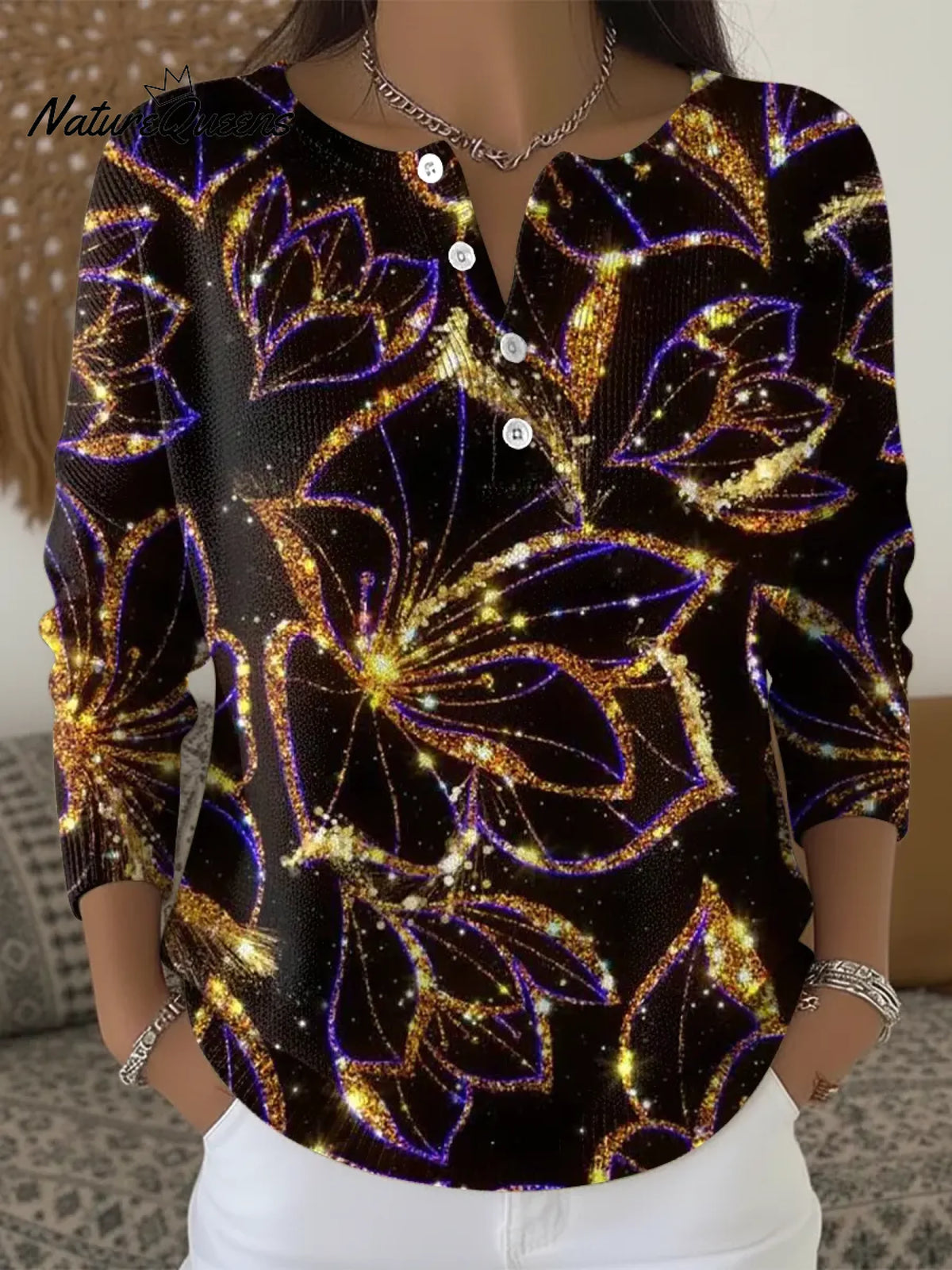 Women's Shiny Flower Casual Printed Sweater