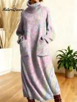 Women's Retro Floral Flowers High-neck Long-sleeve Casual Loose Knit Dress