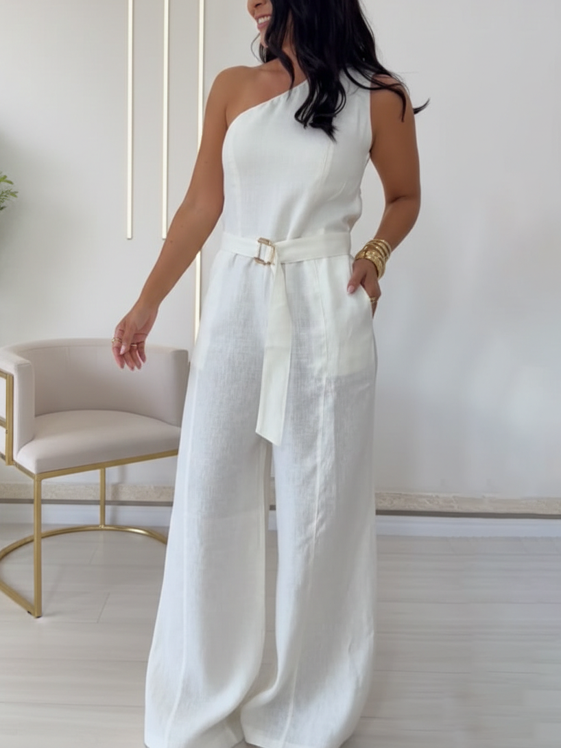 Elegant Off-the-shoulder Linen Wide-leg Jumpsuit