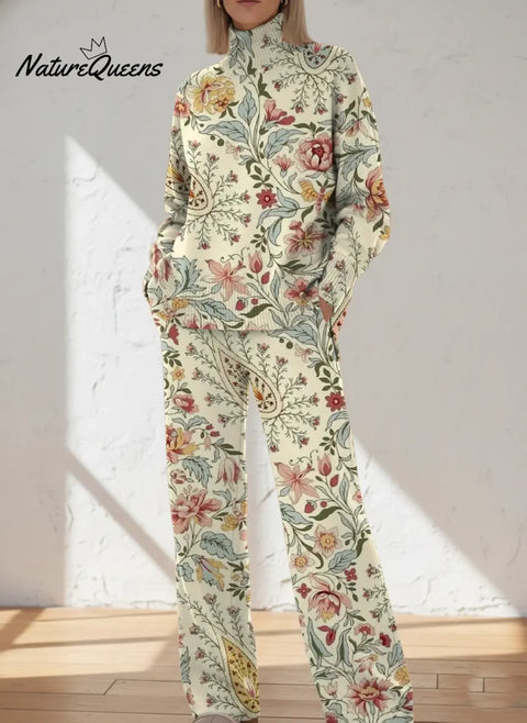 Women's Retro  Flower Art Print Casual Knit Set