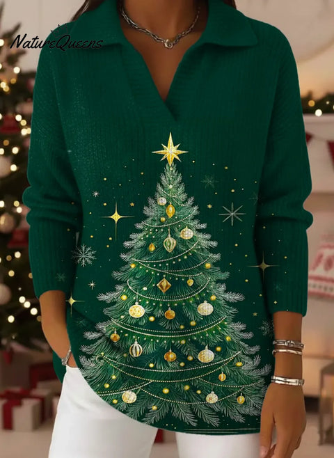 Women's Christmas Tree Art Print Casual Cotton Sweater