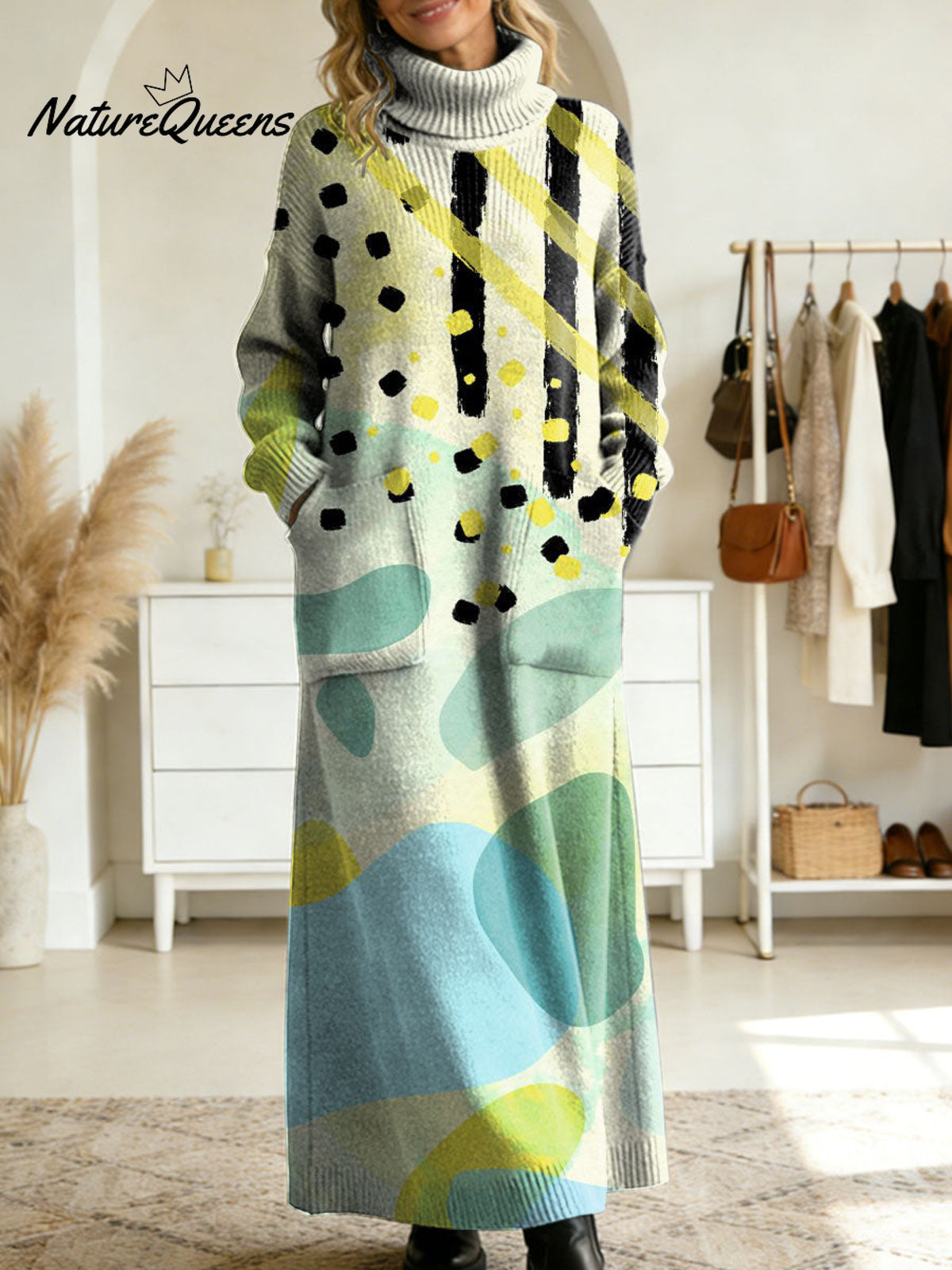 Women's Retro Abstract Geometric Colorful Splicing Patterns Art High-neck Long-sleeve Casual Loose Knit Dress