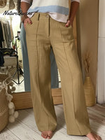 Classic Wooden Button Solid Color Linen Trousers