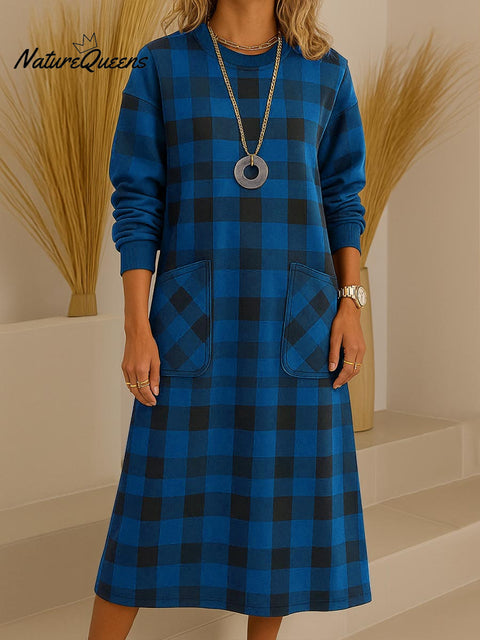 Women's Plaid Print Round Neck Long Sleeve Casual Loose A-Line Dress