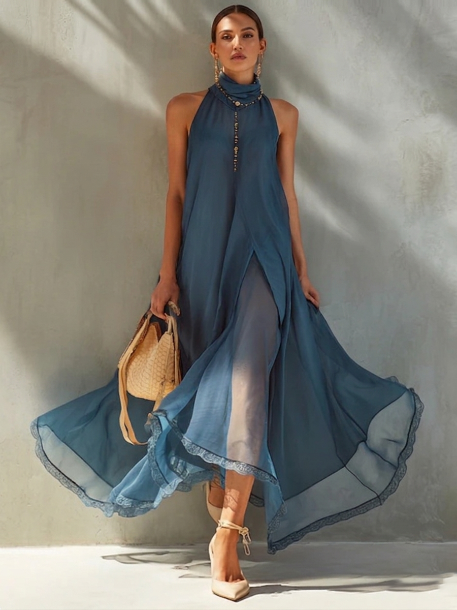 Elegant Vacation Party Mock-neck Chiffon Dress