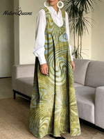 Women's Retro Splicing Colorful Flowers Pattern Art Print Casual Cotton Denim Dress