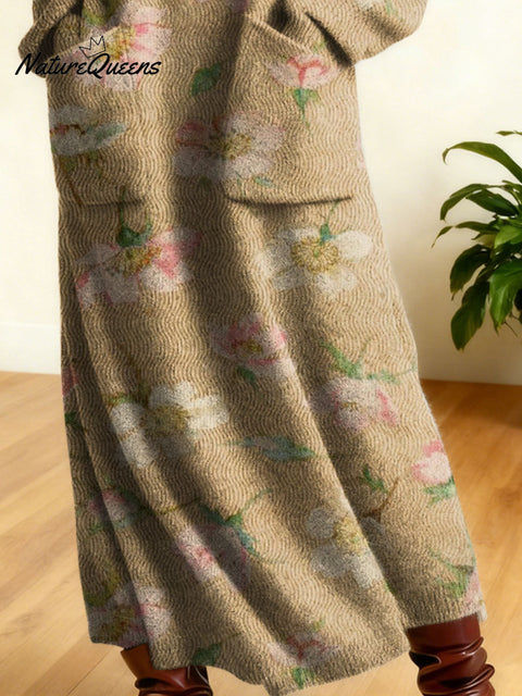 Women's Retro Floral Flowers High-neck Long-sleeve Casual Loose Knit Dress