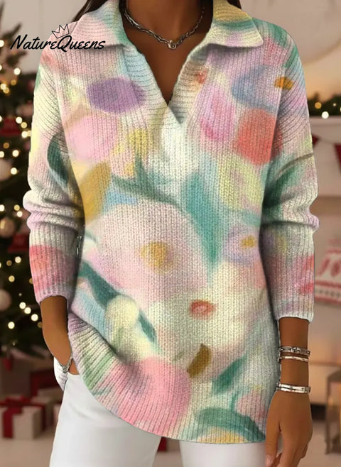 Women's Floral Pattern Art Print Casual Cotton Sweater