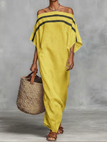 Off-the-shoulder, Straight-neck Linen And Cotton Dress