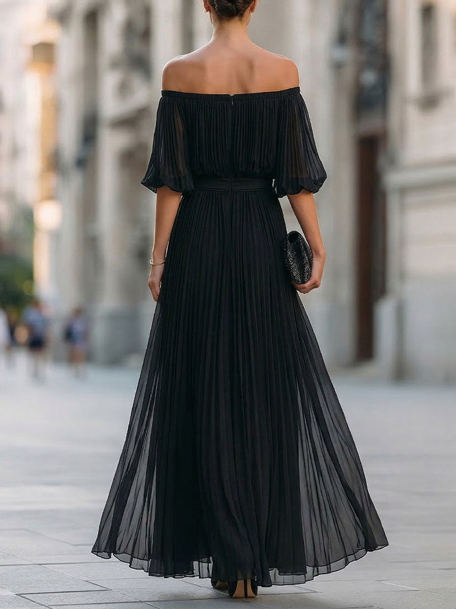 Women's Solid-color Off-the-shoulder 3/4-sleeve Casual Loose Chiffon Dress