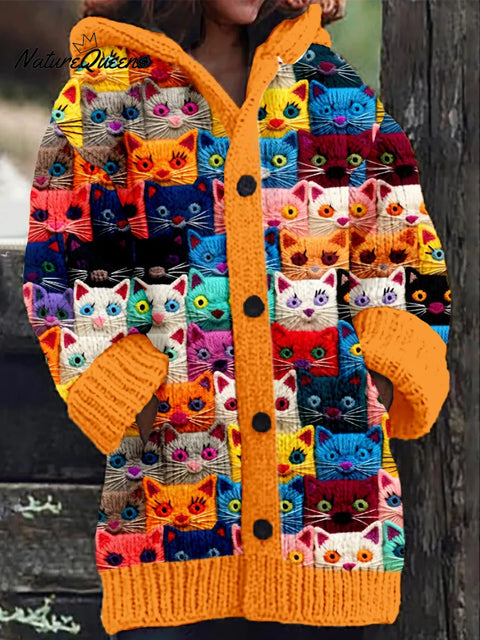 Women's Funny Cats Pattern Art Print Casual Fleece Coat