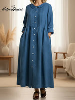 Women's Peter Pan Collar Long-sleeved Cotton And Linen Dress