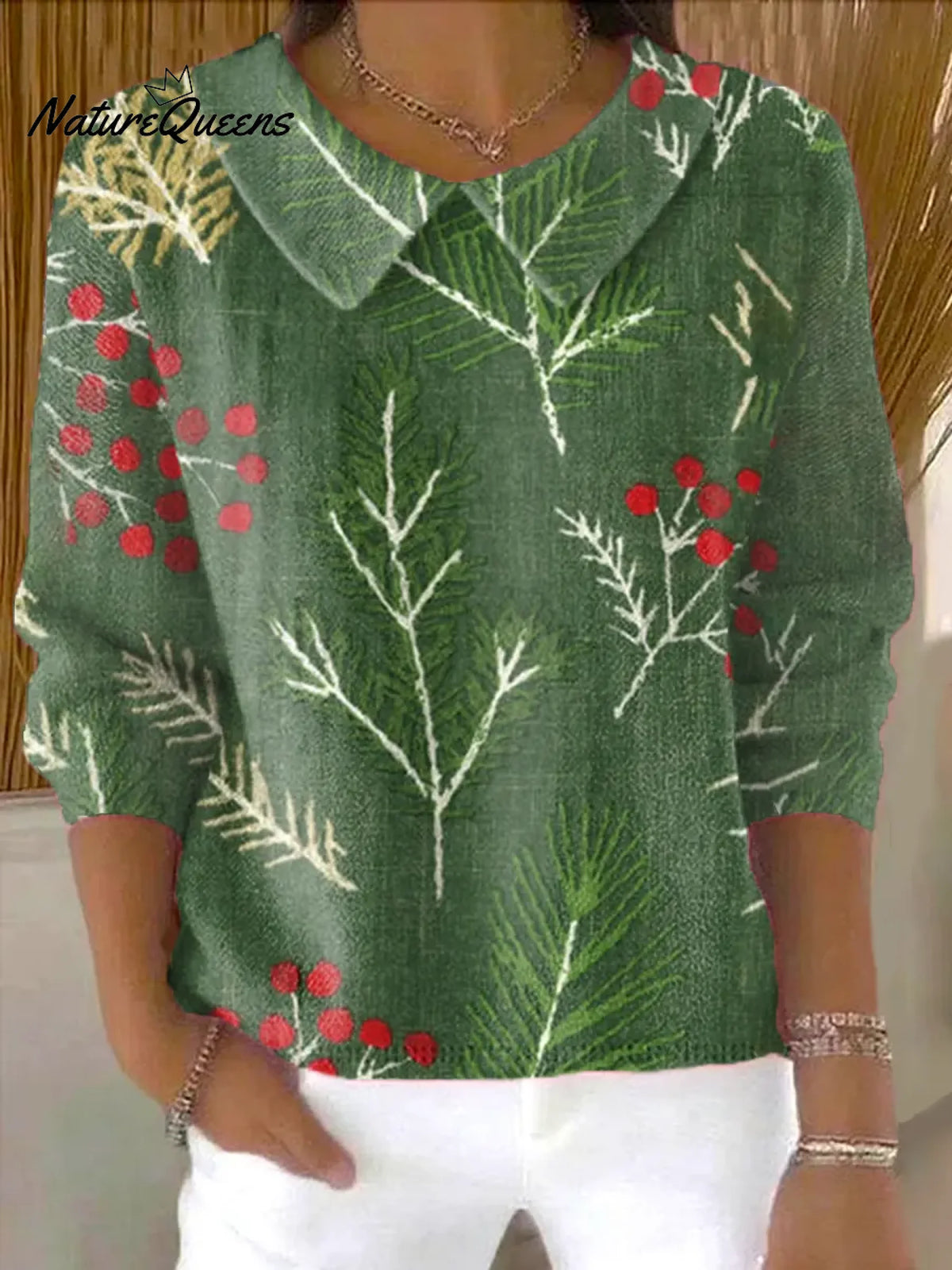 Women's VintageChristmas Print Casual Peter Pan Collar 3/4 Sleeve Sweater