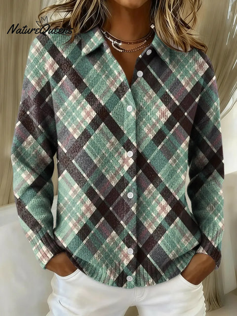 Women's Retro Plaid Art Printed Collared Sweater