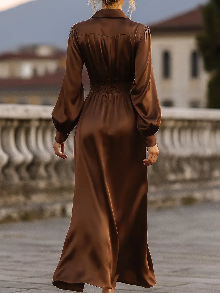 Satin Cinched Waist Mocha Brown - Maxi Dress
