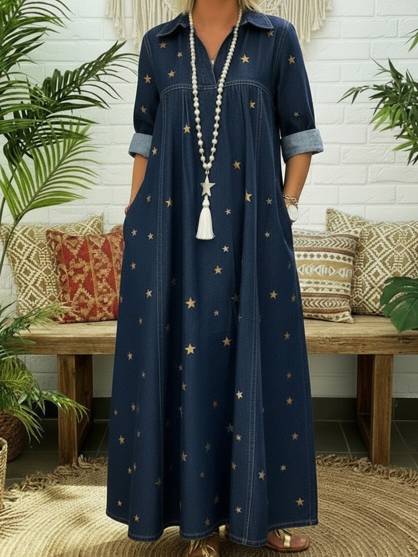 Casual Polo Collar Gold Star Print Denim Dress