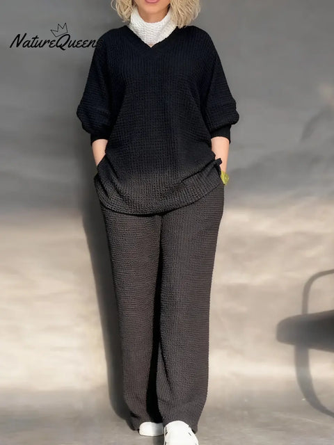 Women's Solid Color V-neck Long Sleeve Casual Loose Waffle Knit Top And High-waisted Wide-leg Pants Set