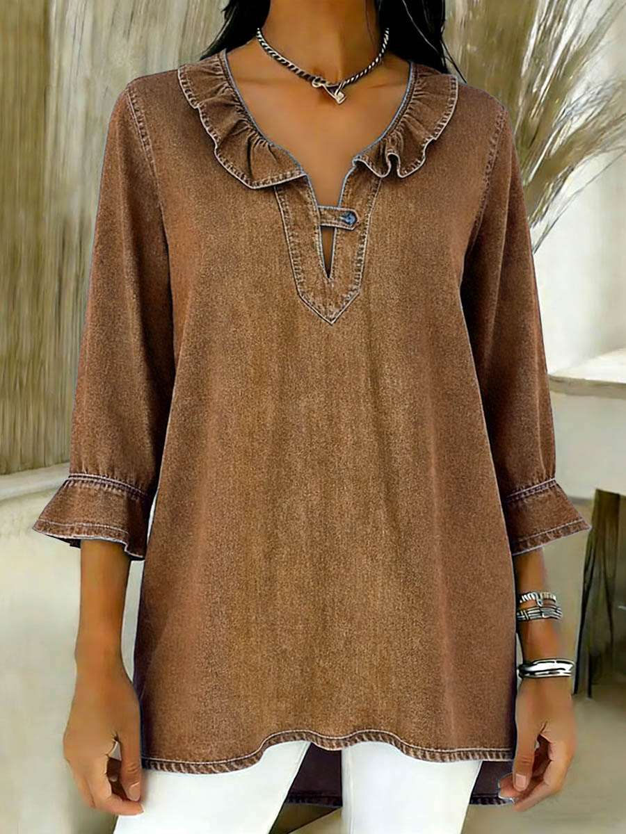 Women's V-neck 3/4 Sleeve Casual Loose Denim Top