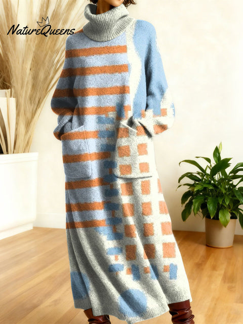 Women's Retro Color Gradient High-neck Long-sleeve Casual Loose Knit Dress