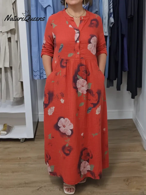 Women's floral print long-sleeved cotton and linen dress