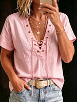 Women's Solid Color Cotton-linen Casual V-neck Eyelet Lace-up Short-sleeve Shirt