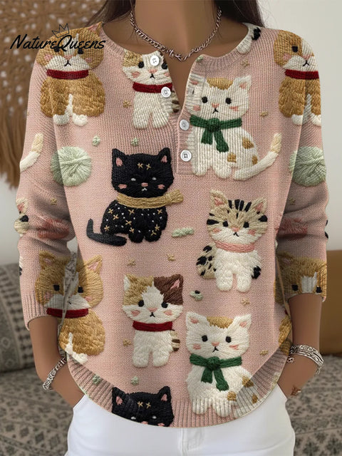 Women's Christmas Cat Pattern Art Print Buttoned Cardigan Sweater