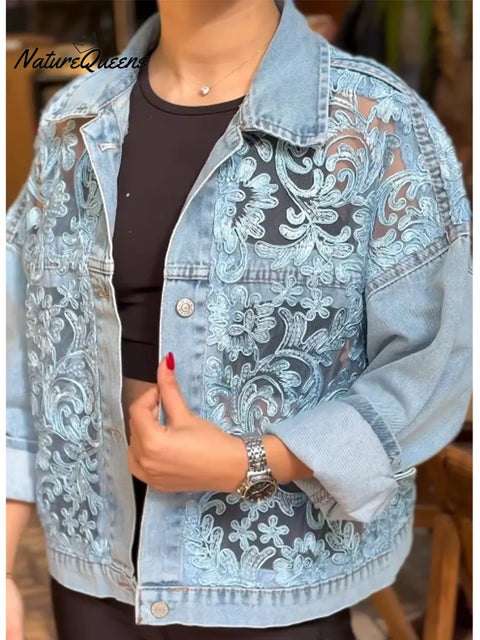 Women's Casual Lace-Patch Denim Jacket