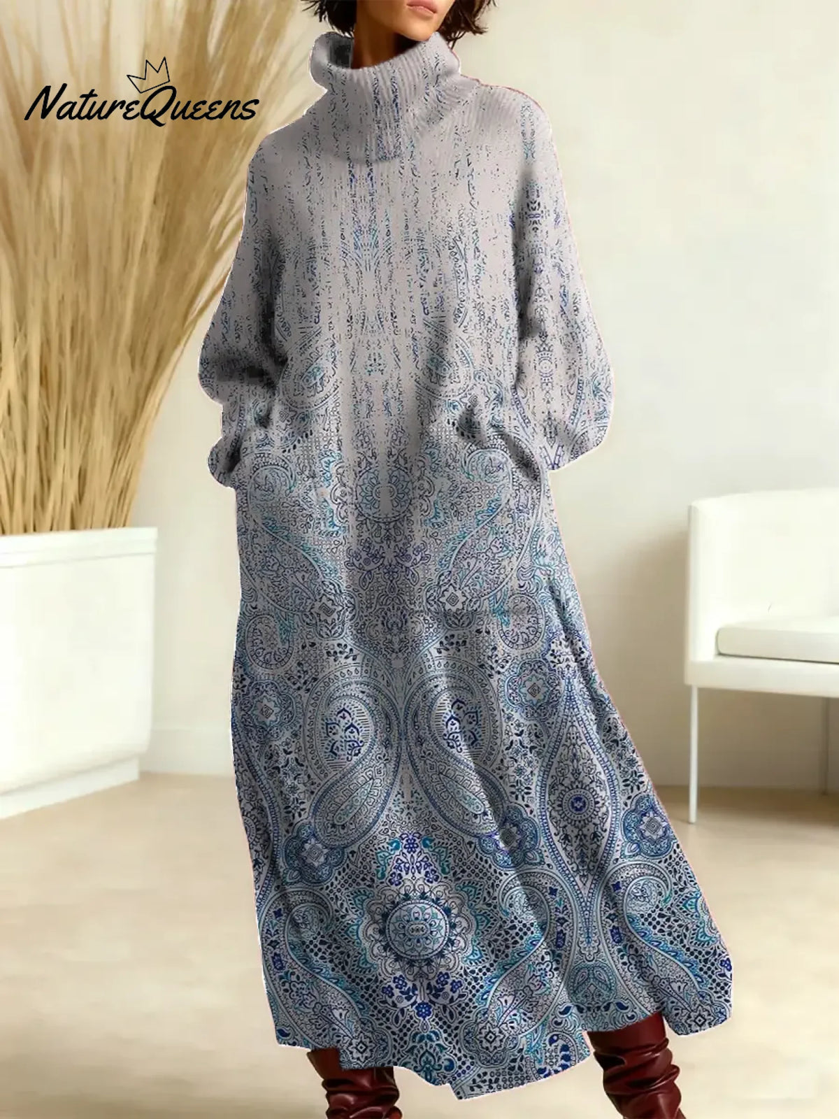 Women's Vintage Pattern Art Print Casual Cotton Knitted Dress