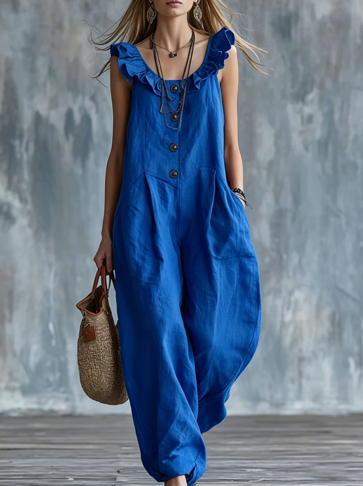 Boho Sleeveless Button Front Pocketed Linen Overalls