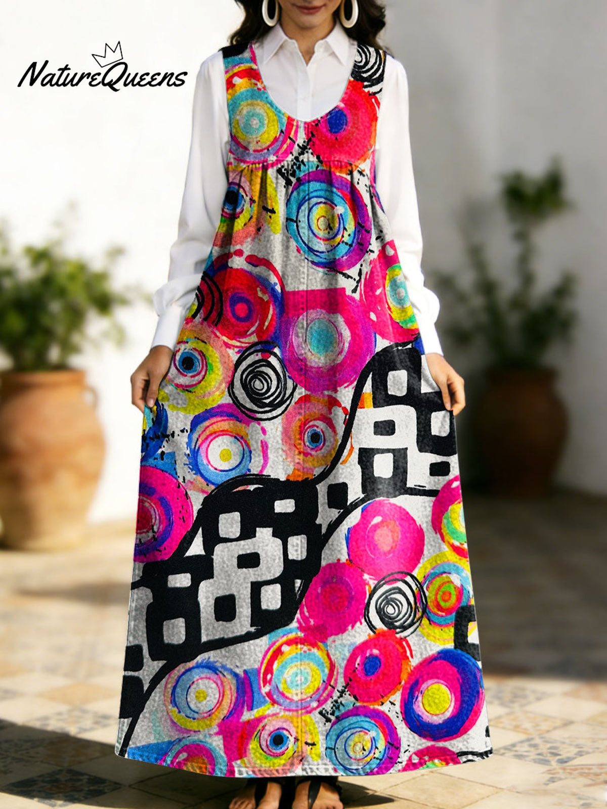 Women's Retro Geometry Colorful Square Pattern Art Print Casual Cotton Denim Dress